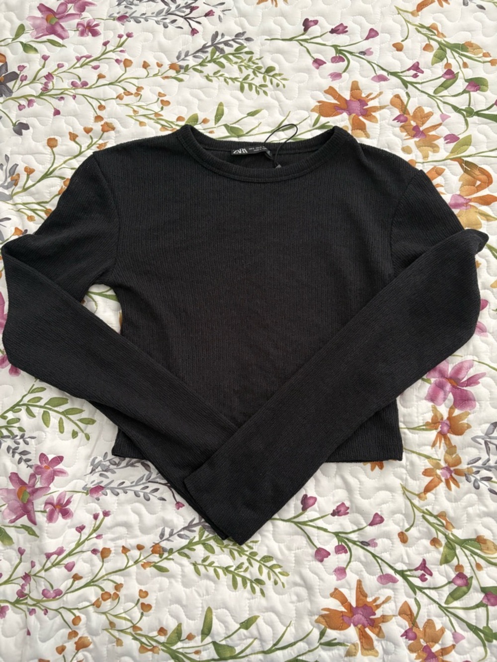 ZARA Black Ribbed Mesh Long Sleeve Crop Top